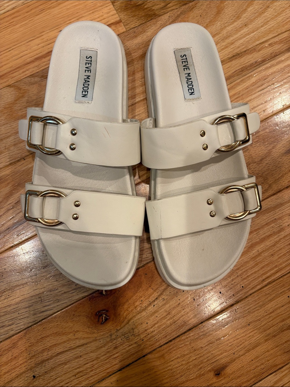 Steve Madden White Double-Strap Slide Sandals with Gold Buckles